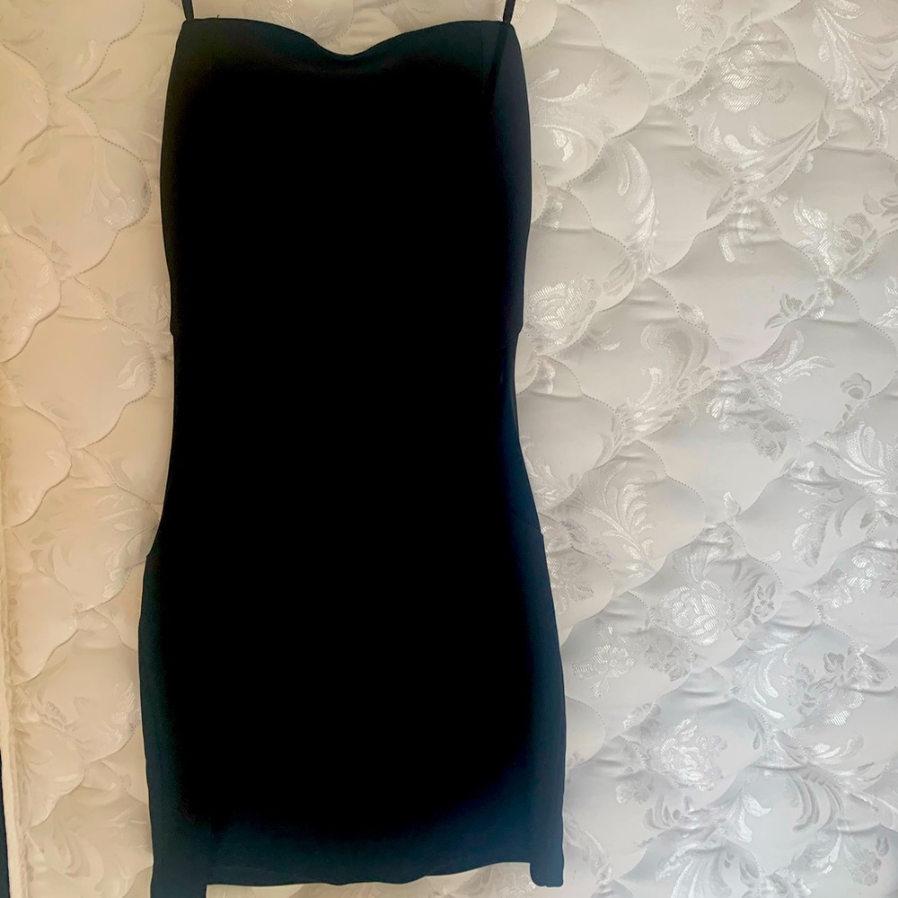 Strapless Black Mini Dress w/ Side Mesh Panels XS